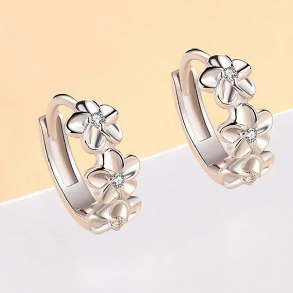 925 Sterling Silver Flower Huggie Hoop Earrings Small Silver Earrings - Picture 2 of 4
